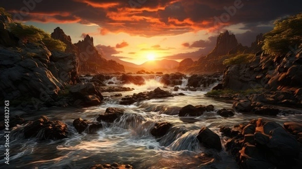 Obraz waterfall flowing with splashing drops, at sunset