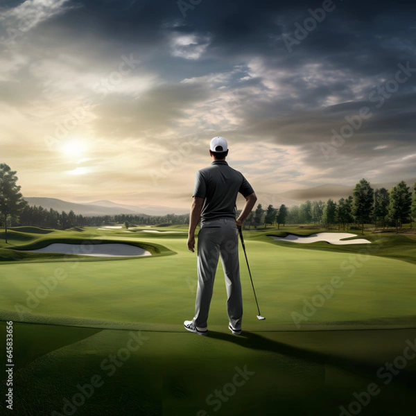 Fototapeta Golf player from behind standing at the field with the background in motion blur