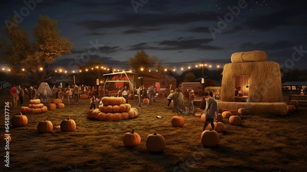 Fototapeta a fall harvest festival under a full moon, hay bales, children bobbing for apples, pumpkins lit with candles, warm earthy colors