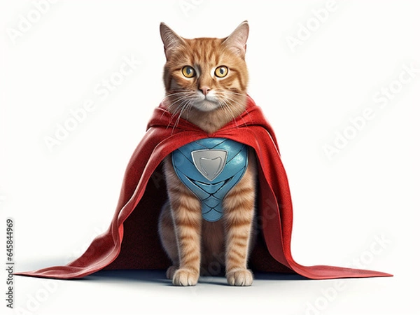 Fototapeta Portrait of a cat in a superman cape and on an isolated background. Generative AI