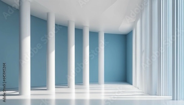 Fototapeta Minimalistic white and light blue architectural background banner with tilted columns, beautiful and airy