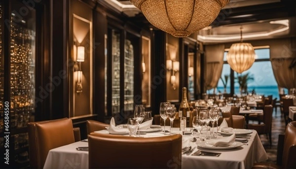Fototapeta Luxury travel concept featuring fine dining in an exclusive fancy restaurant with exquisite cuisine and great service