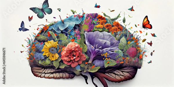 Obraz Conceptual image of a flowering human brain, on an isolated background. Generative AI