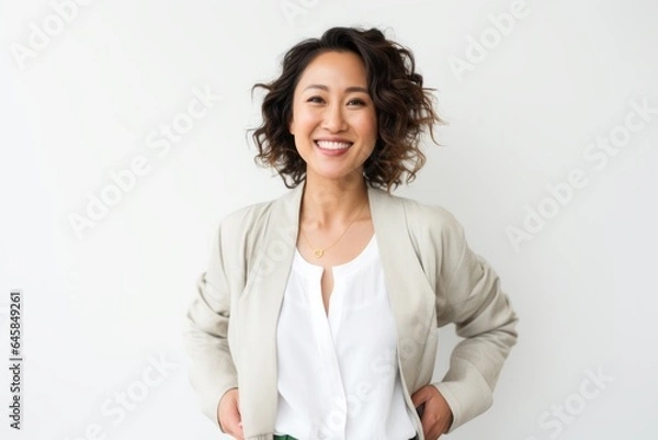 Obraz Lifestyle portrait photography of a Vietnamese woman in her 30s against a white background