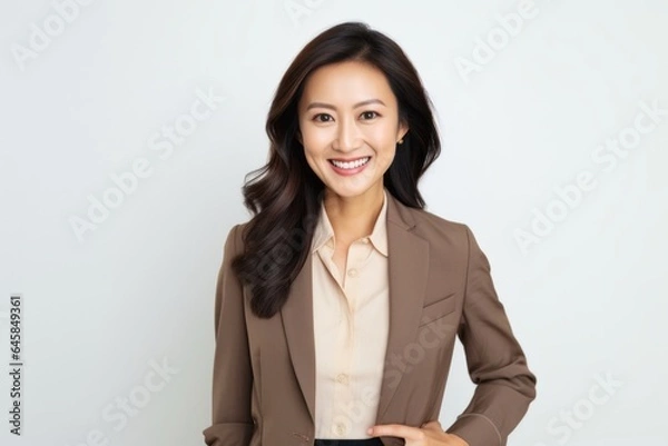 Obraz Lifestyle portrait photography of a Vietnamese woman in her 40s wearing a sleek suit against a white background