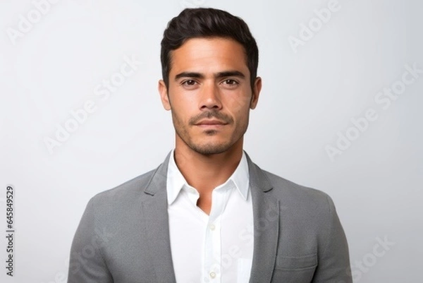 Fototapeta Portrait photography of a serious Peruvian man in his 30s against a white background