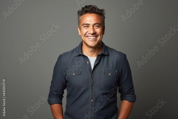 Fototapeta Lifestyle portrait photography of a Colombian man in his 40s against a minimalist or empty room background