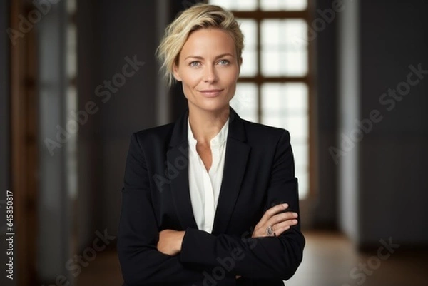 Obraz Portrait photography of a Swedish woman in her 40s wearing a sleek suit against a minimalist or empty room background