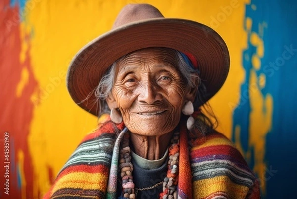 Obraz Lifestyle portrait photography of a 100-year-old elderly Peruvian woman against an abstract background