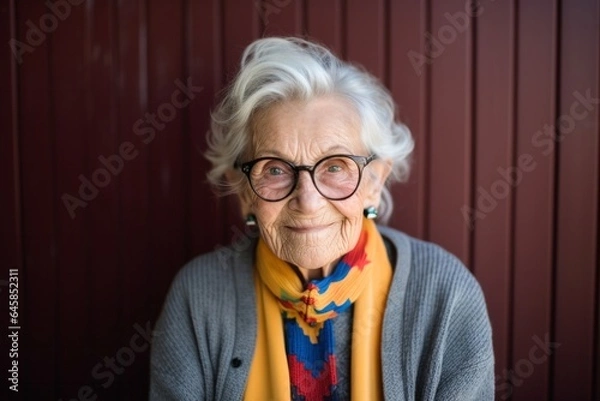 Obraz Medium shot portrait photography of a 100-year-old elderly Swedish woman against an abstract background