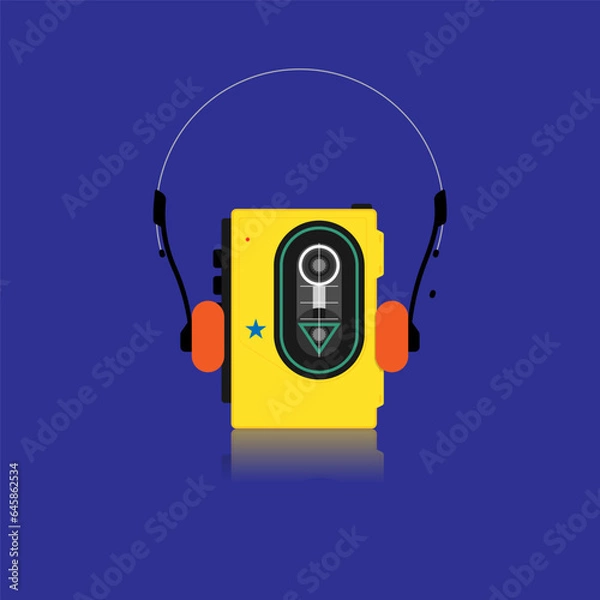 Fototapeta walkman portable music player with headphone flat style in blue background retro style