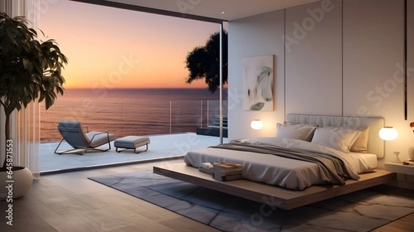 Fototapeta modern bedroom with a balcony looking out to the ocean during a sunset