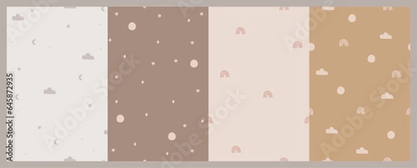 Fototapeta Hand drawn cute set of seamless patterns. Baby neutral print in pastel colors. Naive style. Boho sun, cloud, rainbow, stars, comet. Scandinavian decor for the nursery, baby shower, textiles