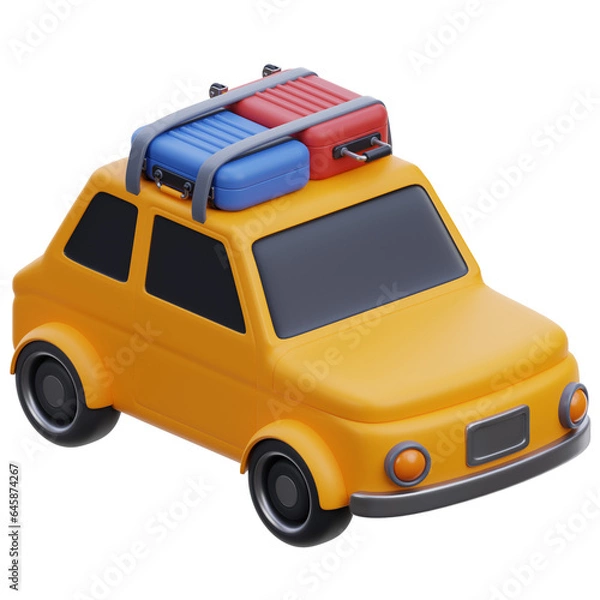 Fototapeta travelling car 3d icon in PNG. travel car 3d icon. 3D icon travel car rendered isolated on white. trip car 3d icon illustration. roadtrip car 3d icon.