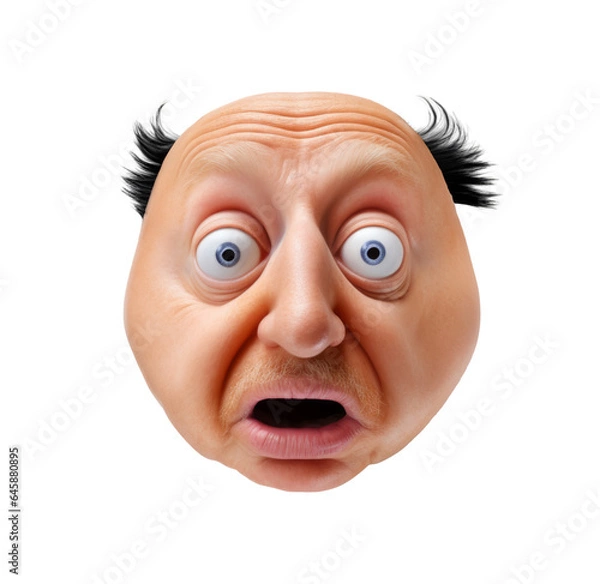 Fototapeta Caricature. A bald man. Tufts of hair. Exaggerated features. Ugly man. Strange looking man. Funny expression. Comical. Surprised. Shocked. Wide eyed. Bug Eyes. Bulging. Balding. Printable mask. Odd.
