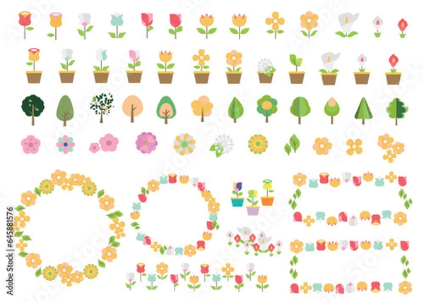 Obraz 花と木と鉢植えと植物のアイコンとフレームセット