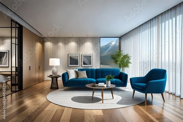 Obraz artistic view of modern living room , with blue color sofa , and white carten