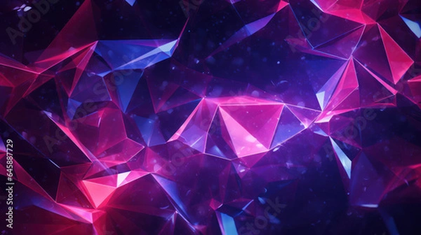Fototapeta Neon 3D Polygon Texture with Glitter Pink, Blue, Dark