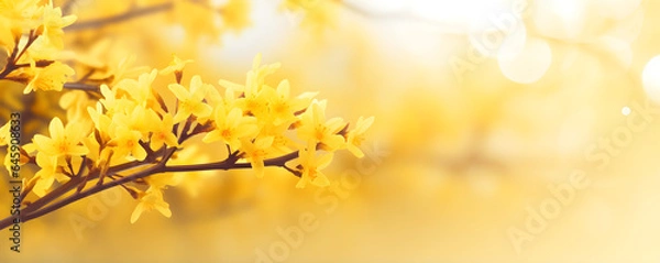Fototapeta flowering forsythia in springtime sunshine, floral spring background banner concept with copy space and defocused lights in saturated yellow color