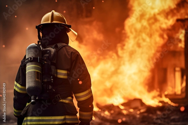 Fototapeta fireman with fire flame in an emergency situation in background., under danger situation all firemen wearing fire fighter suit for safety