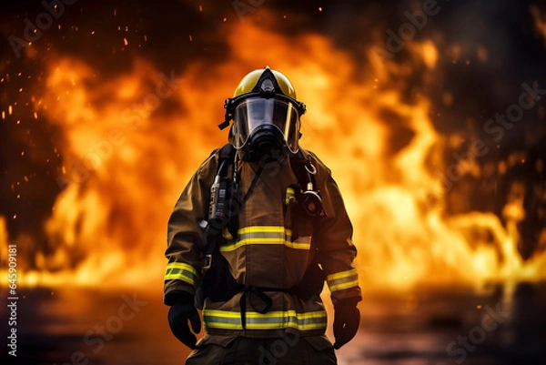 Fototapeta fireman with fire flame in an emergency situation in background., under danger situation all firemen wearing fire fighter suit for safety