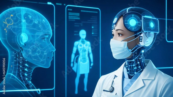 Fototapeta An AI medical assistant, with precision and knowledge, collaborates with healthcare professionals, enhancing patient care and medical practices with cutting-edge technology. Generative AI