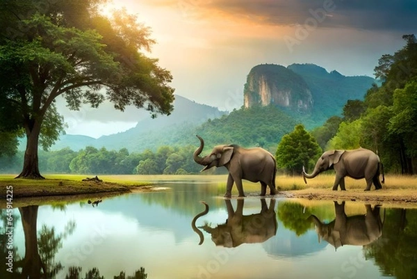 Obraz elephant in the river at sunset