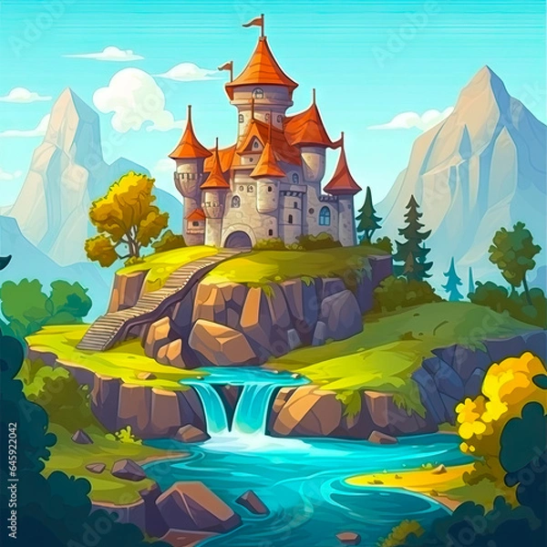 Fototapeta 3D render of cartoon castle generated by AI