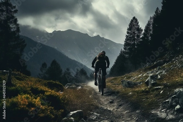 Fototapeta The athletic man pedals an MTB E-bike up a steep grassy hill. Beautiful view of the mountains at sunrise/sunset with sun flare. Alone in nature, thinking about life.