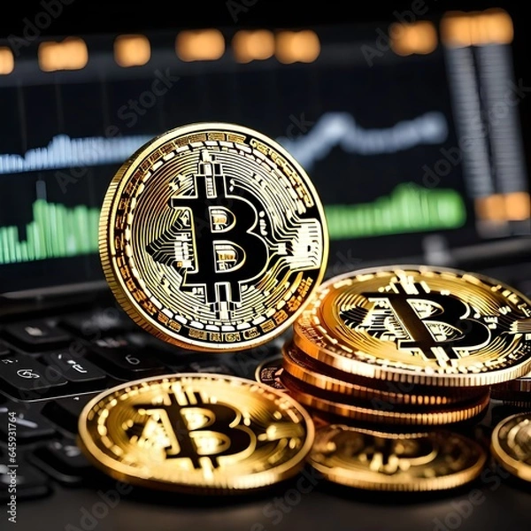 Fototapeta Bitcoin gold coin and blurry background chart cryptocurrency
