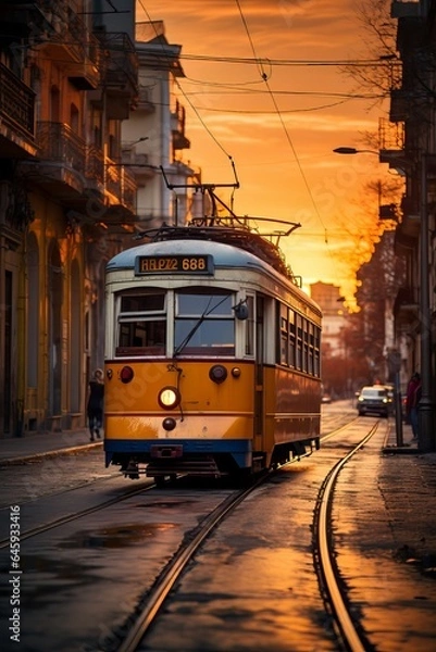 Obraz Tram through the city in sunset