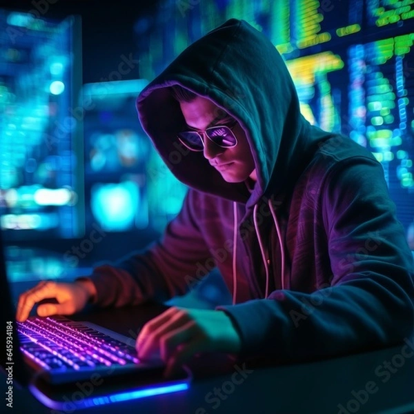 Fototapeta Hacker in neon  light from the laptop