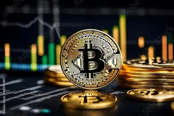 Fototapeta Photo bitcoins on ladder chart cryptocurrency concept.