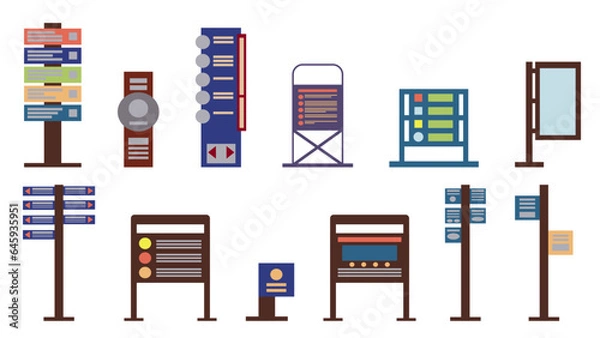 Fototapeta Set of icons from 12 modern information boards and pillars, elements of urban infrastructure and urban parks, illustrations in flat style