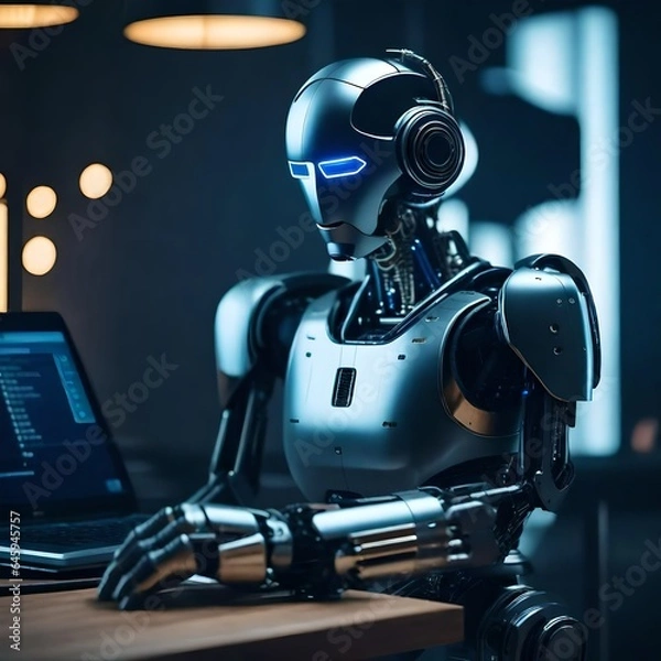Fototapeta Robot humanoid use laptop and sit at table for big data analytic 