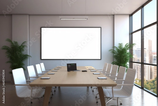 Fototapeta Mockup on the background of a wall in a company or corporate conference room. Marketing, finance, remote work and telework. Great concept for office design, advertising and promotion.