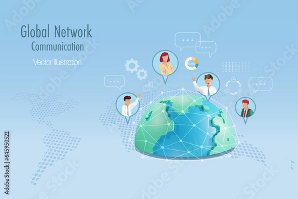 Fototapeta Global business communication network. Business team online meeting with worldwide network connecting technology. Tele communication and business real time wireless technology. Vector.