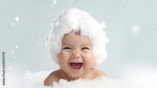 Fototapeta Portrait of a happy baby in a bathtub with white foam