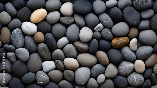 Fototapeta Round, smooth pebbles in a texture. Sea beach with dark wet pebbles and gray dry pebbles in close-up