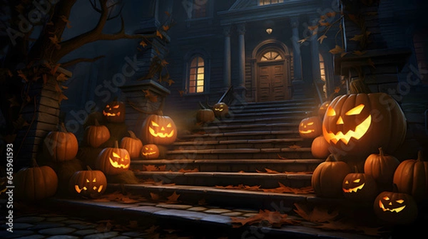 Fototapeta Halloween pumpkins in front of haunted house. 3d render. Holiday event halloween banner background concept.