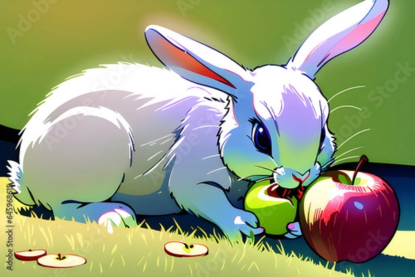 Fototapeta A rabbit eating an apple. Generative AI