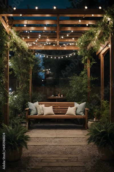 Fototapeta A pergola surrounded by greenery, gravel on the ground, simple patio furniture, string lights, night. Image created using artificial intelligence.