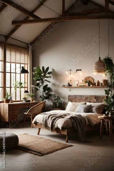 Fototapeta a loft style bedroom with a rustic design featuring a bed on a wooden podium dotted lighting and a wicker designer chair and desk. Image created using artificial intelligence.
