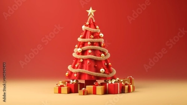 Fototapeta Red Christmas tree on red background 