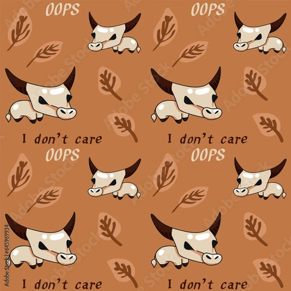 Fototapeta Vector seamless pattern with cute cartoon cows and leaves on brown background.
