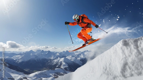 Obraz Skier skiing downhill in snowy mountains