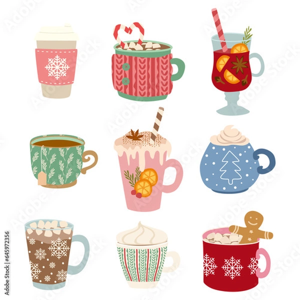 Obraz Set of Autumn and Winter drinks Vector Flat illustration. Hand drawn Cup with Cappucino, Coffee, Hot chocolate, Cacao, Tea, Mulled wine isolated on white. Template for Holiday, Decoration, Christmas.