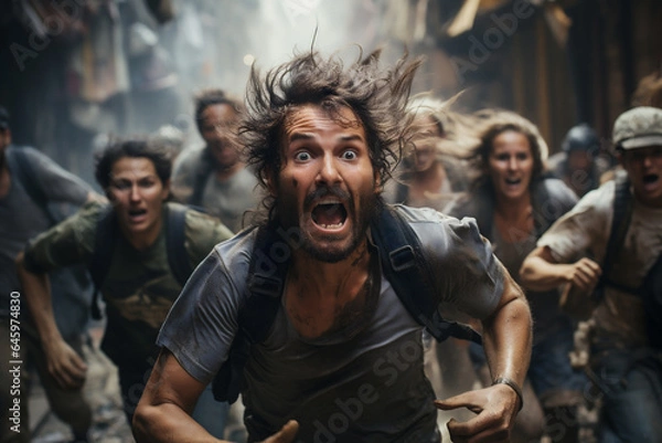 Fototapeta Frightened people running from earthquake with an expression of nightmare and horror on their face, demolished houses wall background. AI Generative