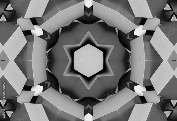 Fototapeta 3D render of black and white monochrome abstract art with part of surreal alien hypnotic fractal kaleidoscopic outline floral symmetry structure.