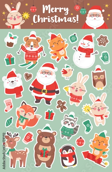 Fototapeta Crisrmas sticker sheet with cute characters for print. Santa Claus, bear, snowman, penguin, bunny, fox. Merry Christmas and Happy New Year. Vector illustration